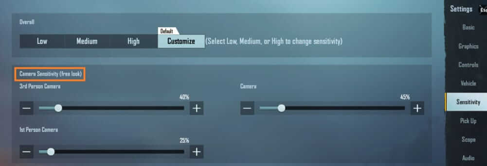 Camera Sensitivity Settings (Free look)