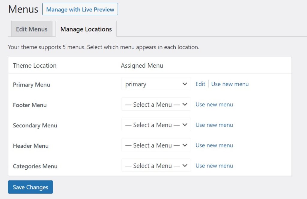 Manage Locations tab Header Menu and Categories Menu.